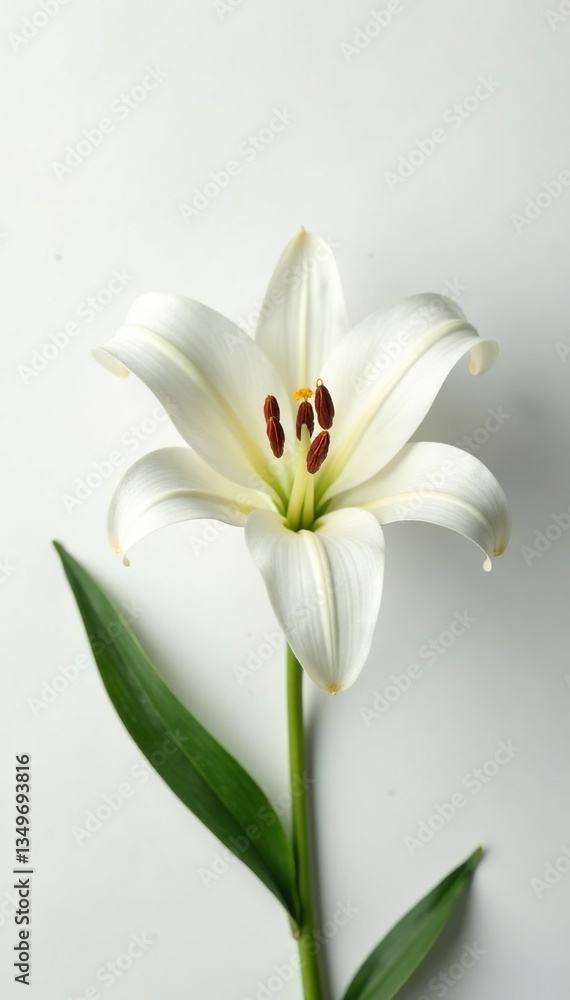 Obraz premium Delicate white lily on white background with intricate details, texture, flowers, blooms