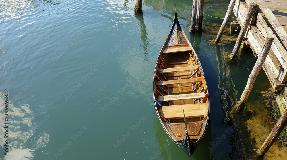 wooden boat docked by pier, reflecting in calm water, showcasing craftsmanship and tranquility wooden boat docked by pier, reflecting in calm water, showcasing craftsmanship and tranquility