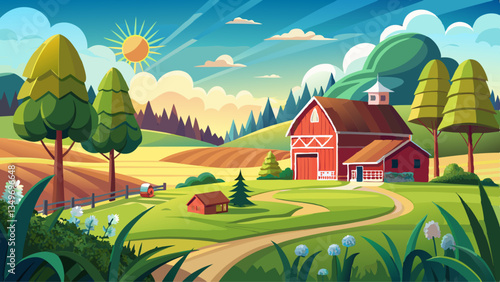 Summer landscape of grassy meadow and farmstead, Michigan, USA