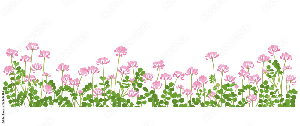 Fototapeta premium 満開のれんげ畑 横長の背景イラスト