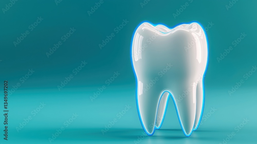 Glossy White Tooth with Blue Neon Glow on Turquoise Background Glossy White Tooth with Blue Neon Glow on Turquoise Background