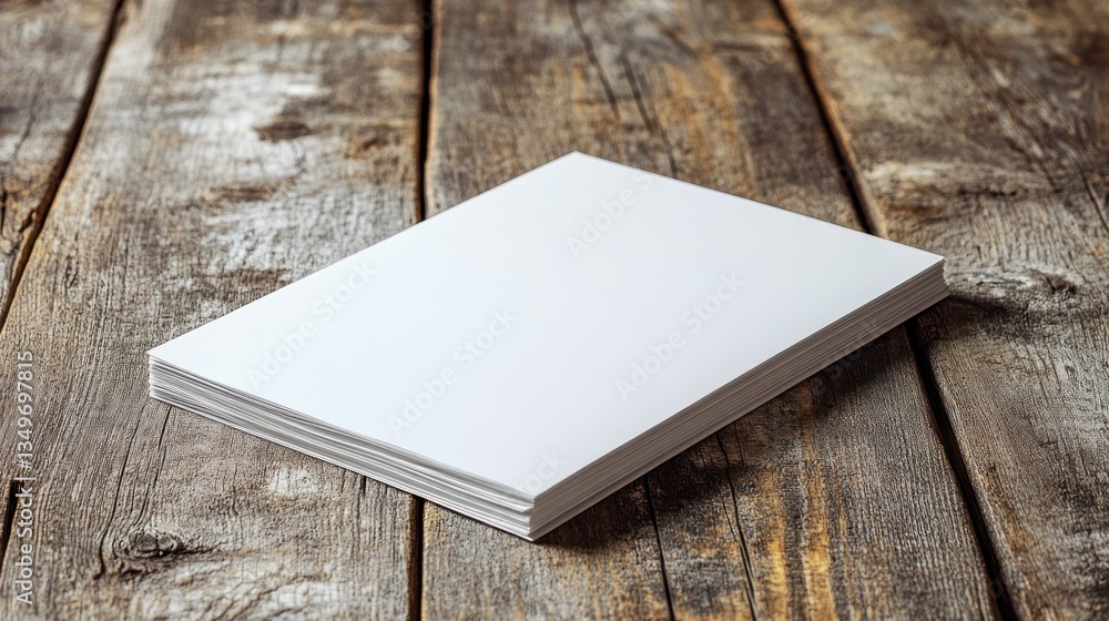 Stack of blank white paper resting on a rustic wooden surface showcasing texture ready for creative designs and business presentations Stack of blank white paper resting on a rustic wooden surface showcasing texture ready for creative designs and business presentations