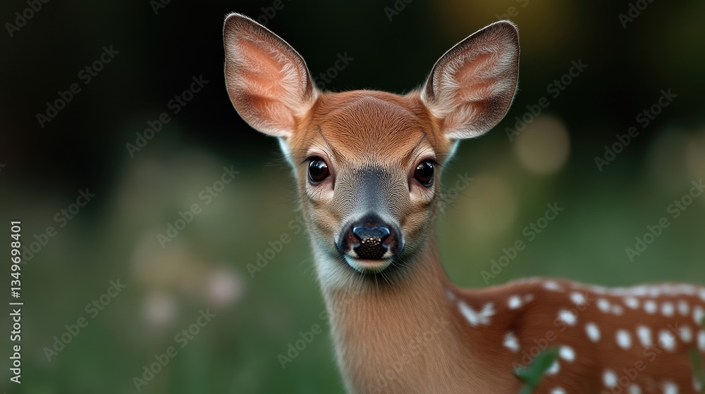 Fototapeta premium Fawn in focus, eyes looking directly at viewer