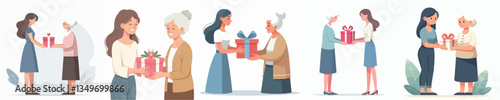vector of a woman giving a gift to her grandmother