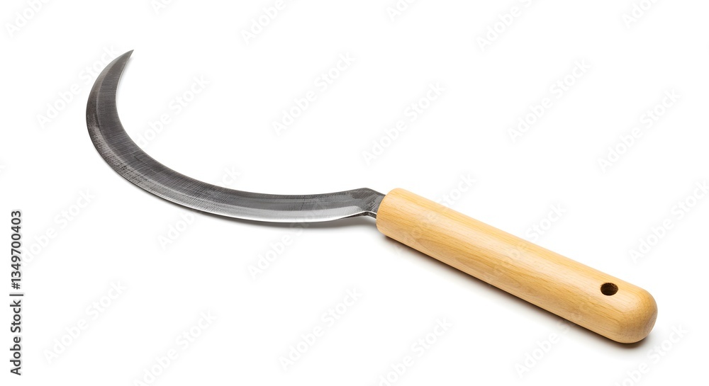 Handheld Sickle with a Curved Blade and Wooden Handle Isolated Handheld Sickle with a Curved Blade and Wooden Handle Isolated