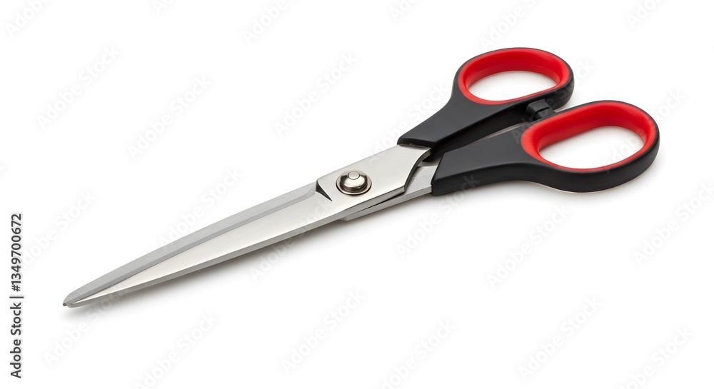 Sharp Scissors with Red and Black Handles on a White Background Sharp Scissors with Red and Black Handles on a White Background