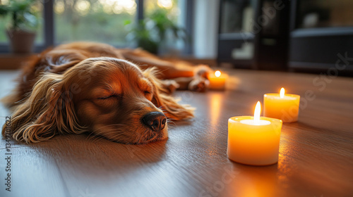 A serene puppy relaxing peacefully next to a soft candle during a relaxing wellness session in a calm and tranquil environment.