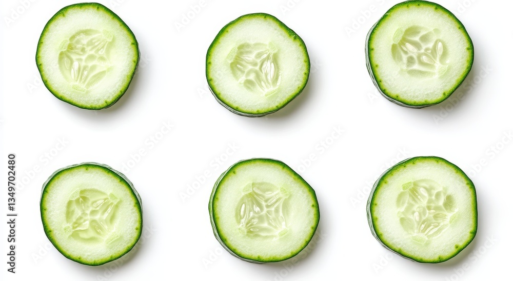 Freshly Sliced Cucumbers on White Background for Healthy Eating, Culinary Recipes, and Natural Ingredients in Cooking and Nutrition Freshly Sliced Cucumbers on White Background for Healthy Eating, Culinary Recipes, and Natural Ingredients in Cooking and Nutrition