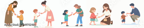 vector of a woman giving candy to children