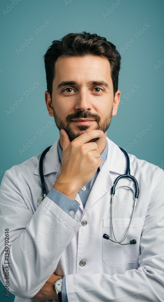 A thoughtful and friendly male doctor, 35-40 years old, with light brown hair, wearing a white medical coat, no stethoscope, looking directly at the camera, slightly smiling, holding his chin with one A thoughtful and friendly male doctor, 35-40 years old, with light brown hair, wearing a white medical coat, no stethoscope, looking directly at the camera, slightly smiling, holding his chin with one