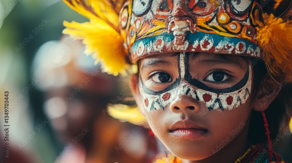 Young Indigenous Child with Face Paint and Traditional Headdress at Cultural Festival Young Indigenous Child with Face Paint and Traditional Headdress at Cultural Festival