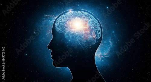 Human Head Silhouette with Illuminated Brain and Cosmic Nebula Background
