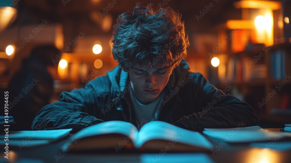 Night Study Session: A Young Man Immersed in Books Under Warm Library Lighting Night Study Session: A Young Man Immersed in Books Under Warm Library Lighting