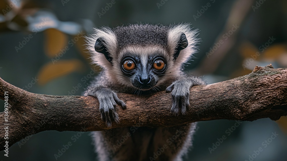 Fototapeta premium Close-up of a curious lemur with large glowing eyes perched on a tree branch in a dense jungle. 