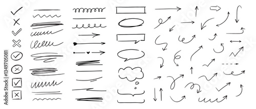Hand drawn different line elements. Doodle sketch style arrows, scribbles, speech bubbles and underlines. Vector grunge element set on white background.