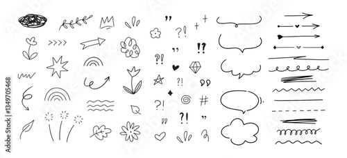 Hand drawn different simple line elements. Doodle sketch style arrows, scribbles, stars, speech bubbles and underlines. Vector grunge element set on white background.