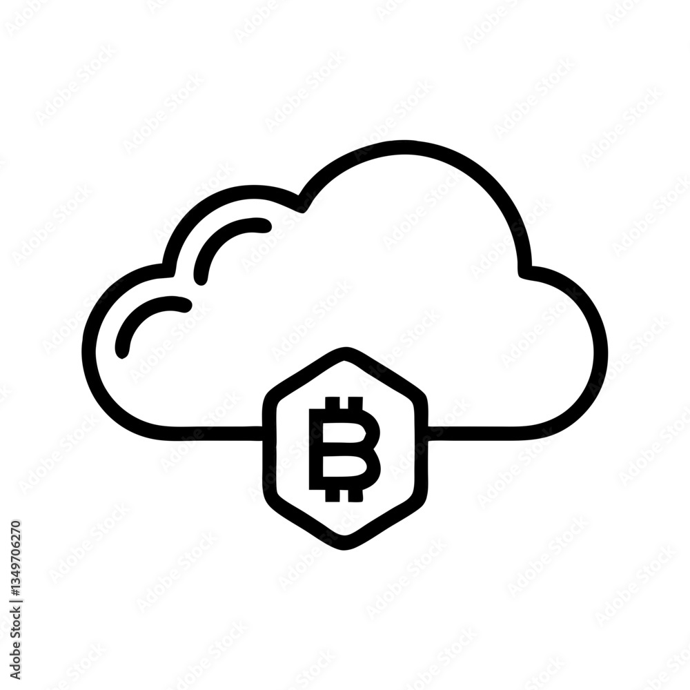 Simple black vector icon of cloud with Bitcoin symbol for cryptocurrency and cloud technology representation Simple black vector icon of cloud with Bitcoin symbol for cryptocurrency and cloud technology representation