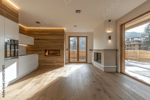 Modern kitchen, living room, mountain view, sunlight, interior design