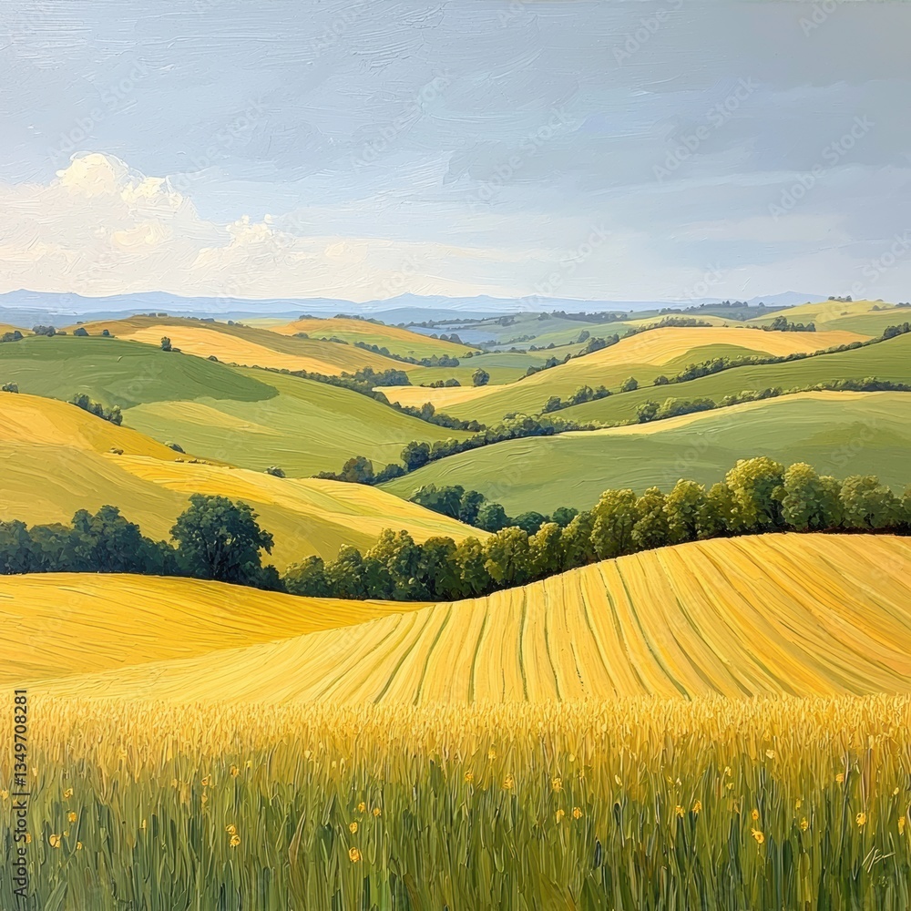 Fototapeta premium Rolling Countryside Landscape Painting.
