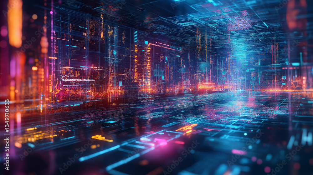 Digital technology background with glowing neon lights and holographic data streams. An abstract futuristic digital space concept with high-tech elements. Digital technology background with glowing neon lights and holographic data streams. An abstract futuristic digital space concept with high-tech elements.