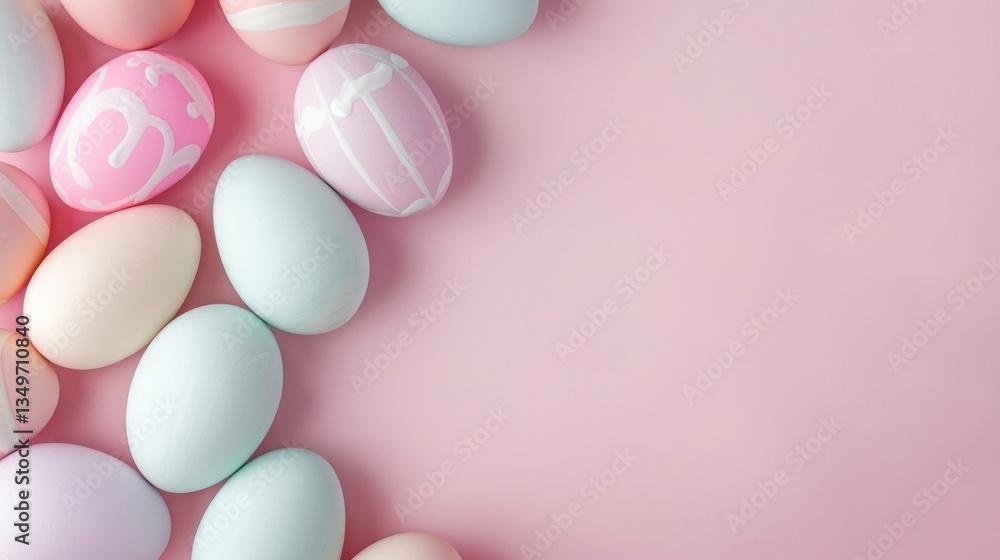 Patterned Eggs On Pastel Pink Surface, Cheerful Feel. Patterned Eggs On Pastel Pink Surface, Cheerful Feel.
