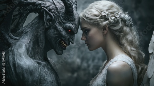 A devil and an angel face off, their expressions mirroring opposing forces. A dramatic contrast of light and dark.