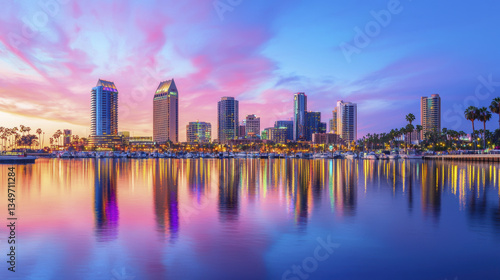 Stunning sunset over San Diego skyline reflecting in water, showcasing vibrant colors and city lights