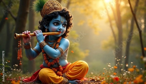 Little Krishna Playing Flute in Forest Setting