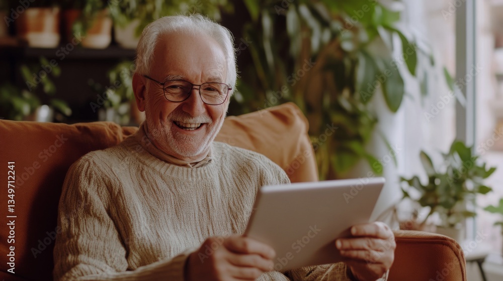 A senior man using a tablet for a video call with his grandchildren joyful expression cozy home setting A senior man using a tablet for a video call with his grandchildren joyful expression cozy home setting