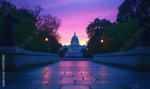 Colorful sunrise over the US Capitol Building in Washington, DC, with a beautiful pink and purple sky