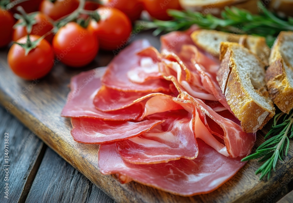 Freshly Sliced Prosciutto on a Wooden Board Surrounded by Juicy Tomatoes, Fresh Bread Slices, and Aromatic Rosemary for a Culinary Delight Freshly Sliced Prosciutto on a Wooden Board Surrounded by Juicy Tomatoes, Fresh Bread Slices, and Aromatic Rosemary for a Culinary Delight