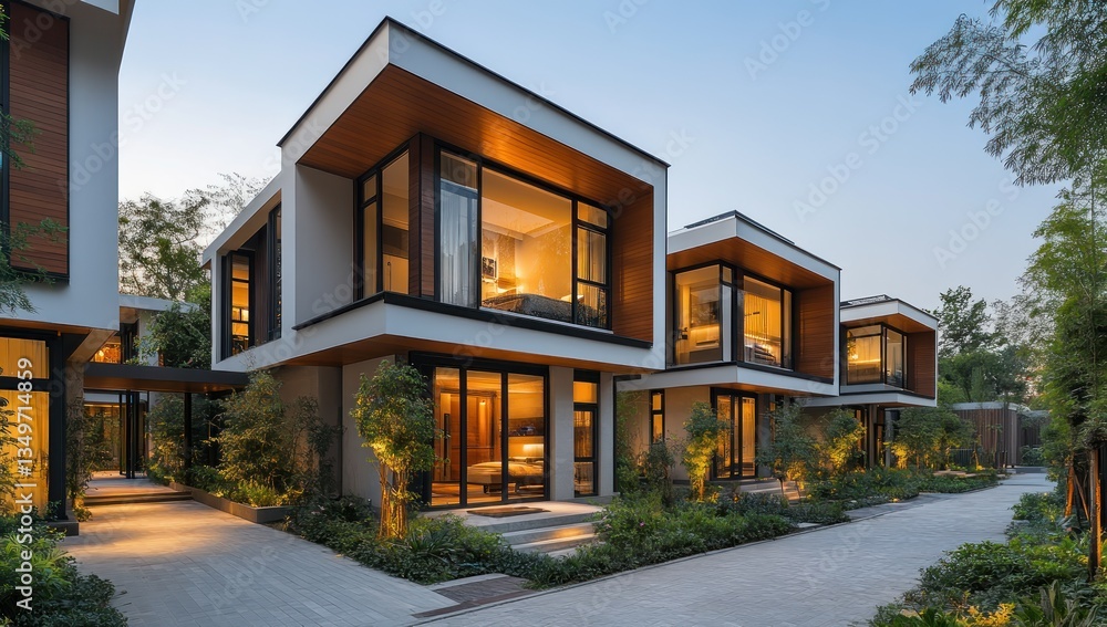 Modern villas, twilight, resort, garden, walkway, illuminated, architecture, luxury, vacation, real estate Modern villas, twilight, resort, garden, walkway, illuminated, architecture, luxury, vacation, real estate
