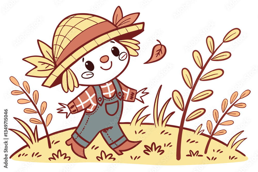 24 Cute cartoon scarecrow, watercolor illustration, whimsical, straw hat, plaid shirt, denim overalls, big smile, autumn colors, harvest season, childlike, friendly, standing in field, charming, nosta 24 Cute cartoon scarecrow, watercolor illustration, whimsical, straw hat, plaid shirt, denim overalls, big smile, autumn colors, harvest season, childlike, friendly, standing in field, charming, nosta
