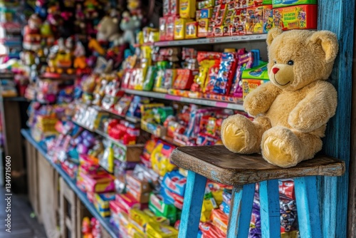 Cozy Corner of Childhood Delight Featuring Adorable Plush Bear Surrounded by Colorful Assortment of Candy and Toys in a Quaint Shop Setting