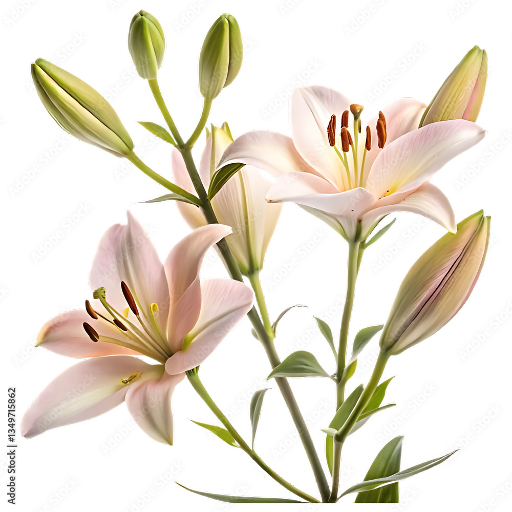 Elegant Blooming Lilies with Buds Isolated on White Background Elegant Blooming Lilies with Buds Isolated on White Background