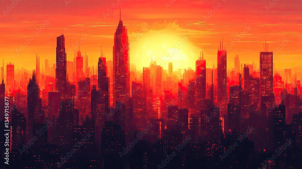 Fototapeta premium Fiery Sunset Cityscape, Epic, Digital Art