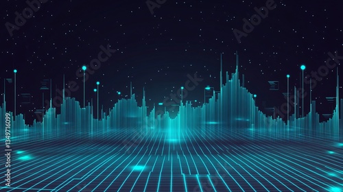 Futuristic digital landscape with neon blue sound waves and grid patterns, symbolizing artificial intelligence and technology.
