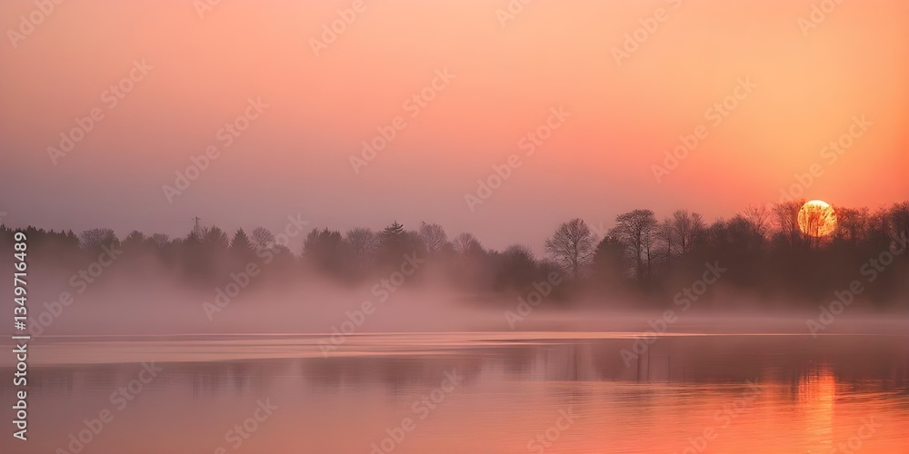 Fototapeta premium Sunset Over Misty Lake with Trees and Reflection