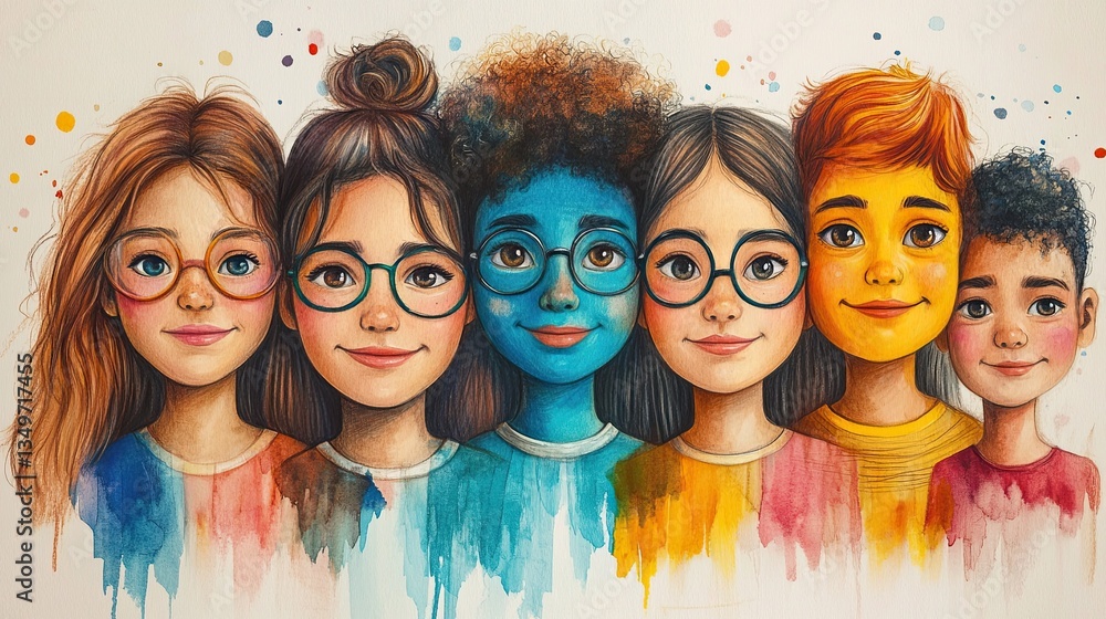 Multinational family with faces painted to represent global equality, illustrated with colored pencils Multinational family with faces painted to represent global equality, illustrated with colored pencils