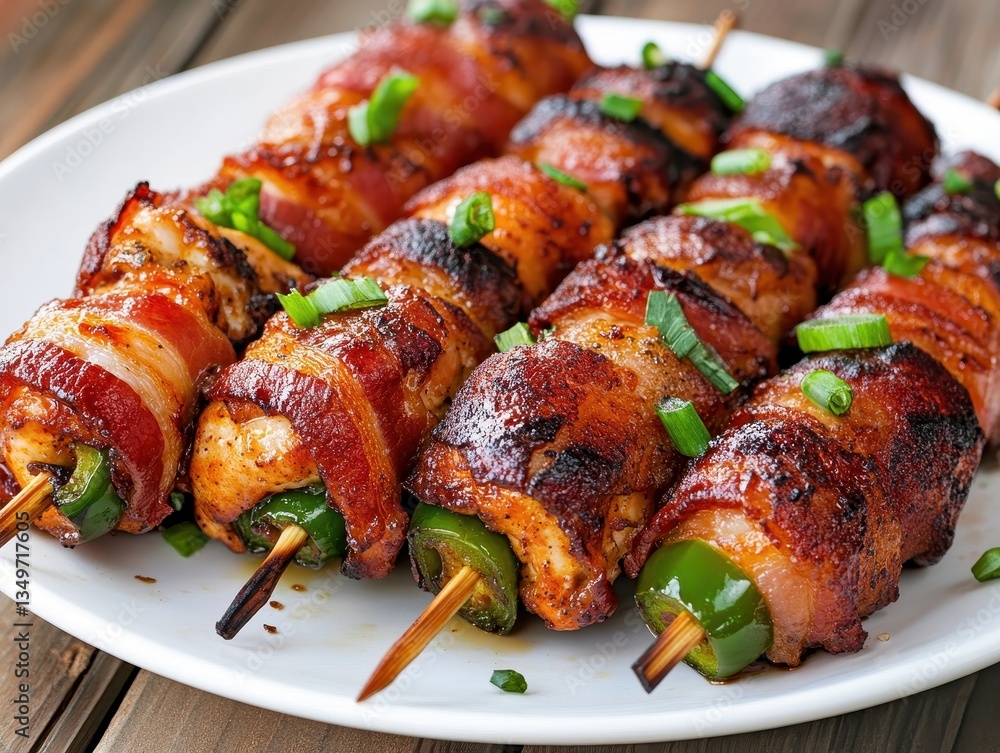 Grilled Bacon-Wrapped Chicken Skewers with Bell Peppers and Green Onions on a White Plate Grilled Bacon-Wrapped Chicken Skewers with Bell Peppers and Green Onions on a White Plate