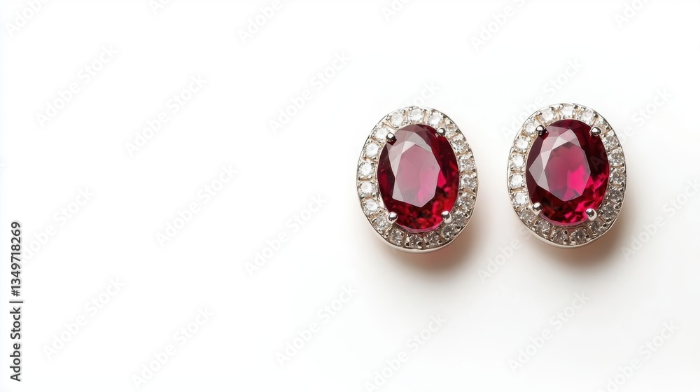 Bold chandelier earrings with ovalcut rubies and a halo of diamonds, isolated on a clean white background Bold chandelier earrings with ovalcut rubies and a halo of diamonds, isolated on a clean white background