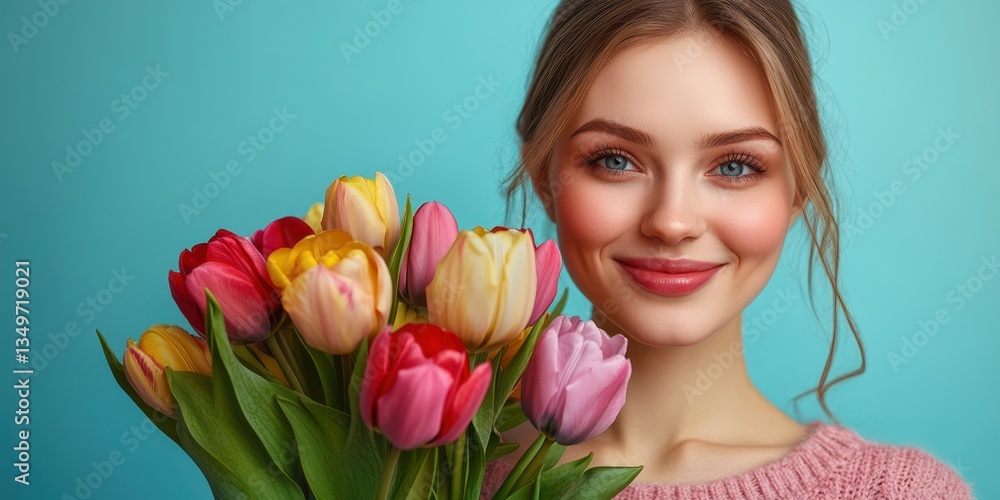 Smiling woman holding a vibrant bouquet of tulips against a bright blue background Smiling woman holding a vibrant bouquet of tulips against a bright blue background