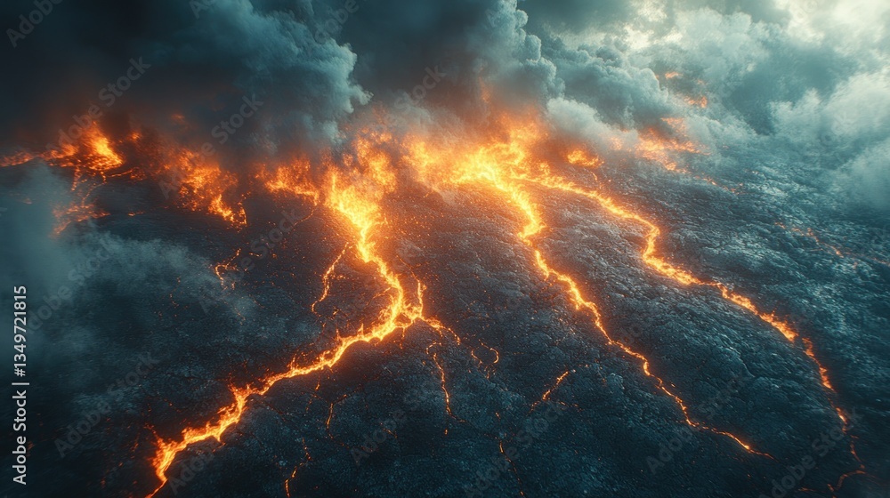 Fototapeta premium Volcanic eruption, fiery landscape