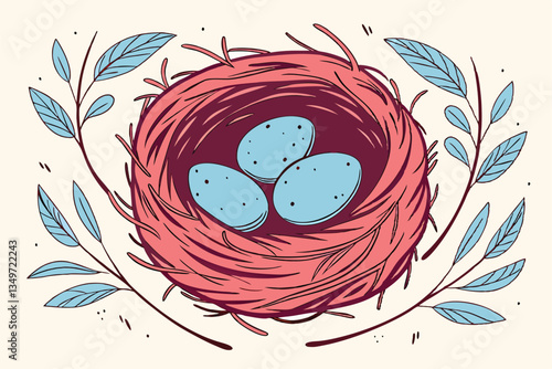 26 Watercolor painting, bird's nest, bright red nest, robin's eggs, vibrant blue eggs, splattered paint effect, colorful, artistic, nature illustration, spring theme, delicate leaves, whimsical style,