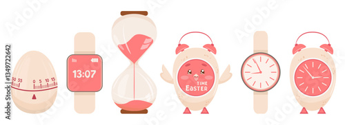 Set of clocks different kinds, shapes pink and beige color. Alarm clock, hand clock, timer, hourglass in single style for punctual people. Set of delicate spring chronometers for children, women, men