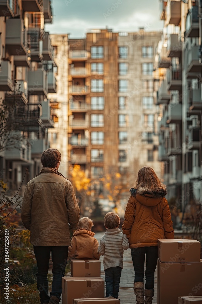Fototapeta premium Happy family with children reborn with boxes in a new residential building.