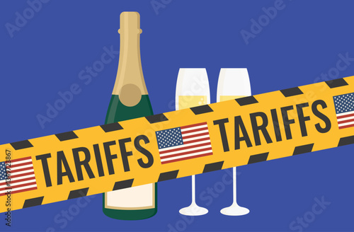US tariffs on EU. Champagne bottle and glasses behind tape on a blue background. Vector illustration. Trade and economy.
