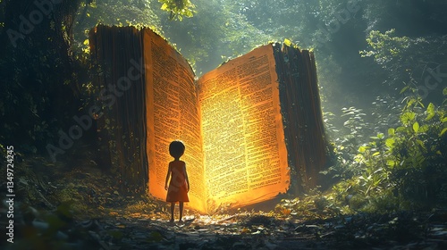 A child standing before a giant open book in a lush forest
