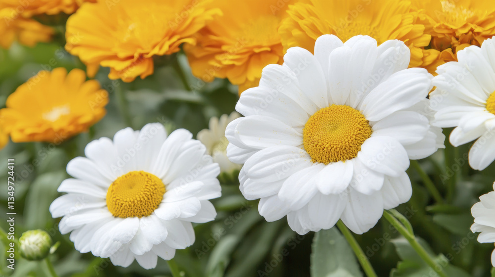 Fototapeta premium Bright white and yellow flowers in vibrant garden setting, showcasing nature beauty and freshness