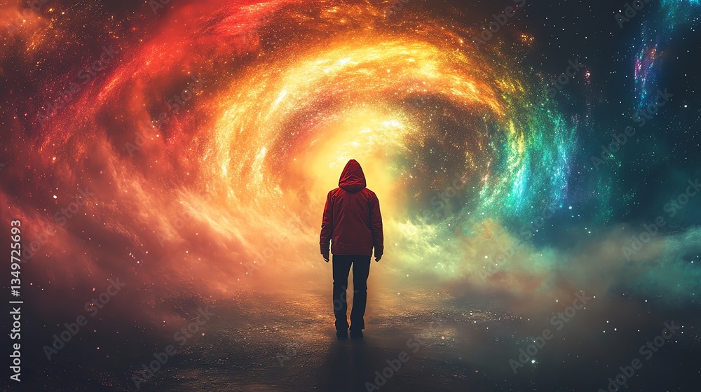 A dreamlike vision of a figure in a red jacket facing a swirling A dreamlike vision of a figure in a red jacket facing a swirling